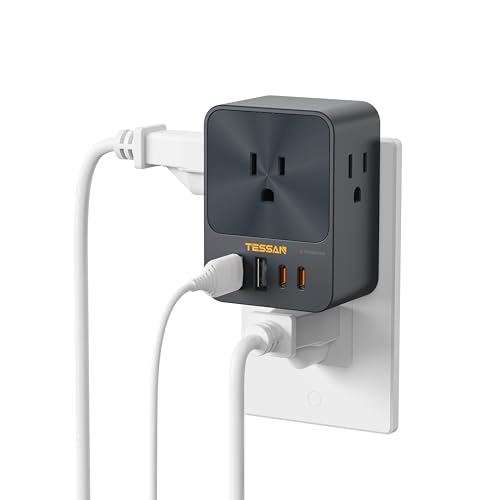 30W Wall Charger, TESSAN Fast Charging Multi Plug Adapter with 3 Outlet Extender Surge Protector, Multiple Plug with 4 USB Block Power Delivery (2 USB C Ports) for Home Office Essentials