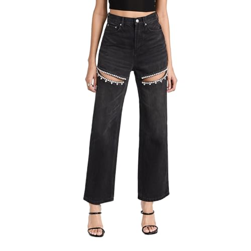 LaurelTree Women's Baggy High Waist Jeans with Rhinestone Studded Cut Outs Ripped Bedazzled Denim Fashion Y2K Wide Leg Pants (Black Rhinestone,Medium,Medium)