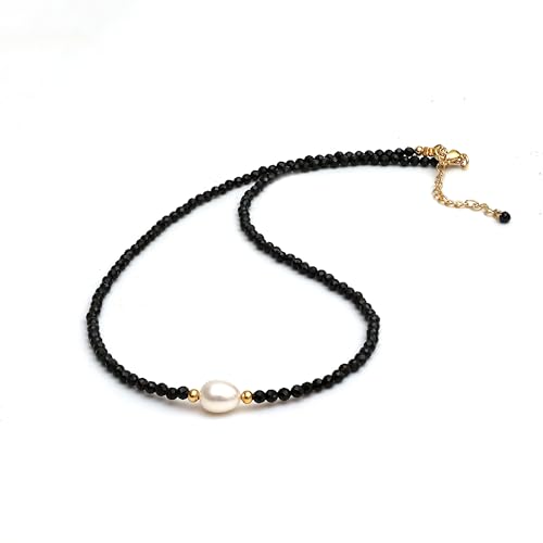 Gempires Gift Black Spinel Beads with Freshwater Pearl Beaded Necklace Handmade Gemstone Jewelry Hypoallergenic Gold Plated 18 Inch Adjustable Chain