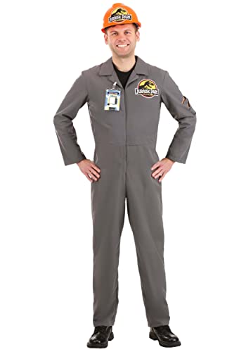 Fun Costumes Jurassic Park Adult Employee Jumpsuit Mens, Gray Maintenance Worker Halloween Costume with Badge ID X-Large