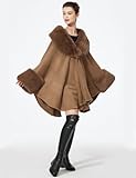 SUFCOMOU Women Cape Poncho with Fur Trim Winter Faux Fur Shawl Wrap Coat Sleeveless Cardigan Cloak (Khaki)