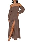 ZESICA Women's 2025 Boho Sexy Off Shoulder Long Sleeve Smocked High Waist Side Split Flowy A Line Tiered Long Maxi Dress,Coffee,Medium