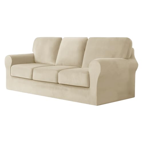 UNBBRRL 7 Piece Couch Covers for Sofa, Replacement Ektorp Sofa Cover 3 Seat with 1 Main Cover / 3 Seat Cushion Covers / 3 Backrest Covers, Velvet Settee Cover 3 Seater (Beige)