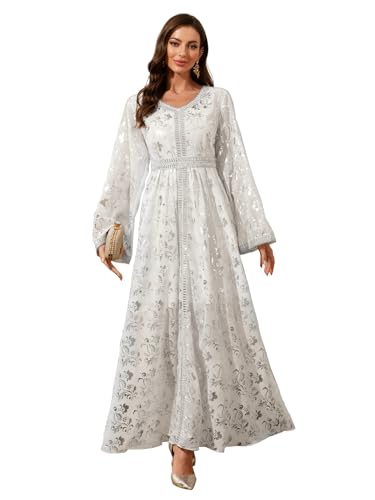 Middle Eastern Modest Maxi Dress - Muslim Moroccan Kaftan Abaya for Women Gold Embroidered Eid Dress Islamic Traditional Wear (White, L)