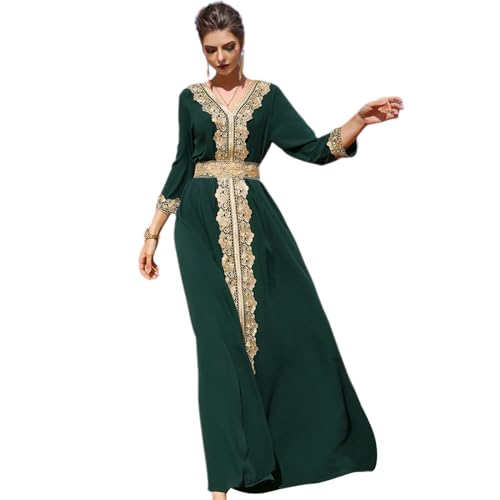 Abaya Dress for Women Moroccan Kaftan Dubai Fancy Long Sleeve Kaftan Dresses Moroccan Traditional Ethnic Shirts Dress Robe Wedding Party Attire Jalabiya Mubarak Eid Ramadan Outfits Dark Green XXL