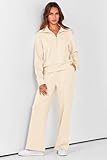 PRETTYGARDEN Women's Fall Two Piece Outfits Half Zip Sweatshirt Tops And Palazzo Pants Sweatsuit Sets (Beige,Small)