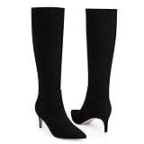 QIY Kitten Heel Boots for Women Knee High Heeled Boots Black Tall Boots for Women Kitten Heels Pointed Toe Fall Boots Winter Long Boots Women Comfortable Heels Size 7.5