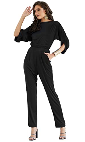 KOH KOH Plus Size Womens Short Sleeve Sexy Formal Cocktail Casual Cute Long Pants One Piece Fall Pockets Dressy Jumpsuit Romper Long Leg Pant Suit Suits Outfit Playsuit, Black XL 14-16