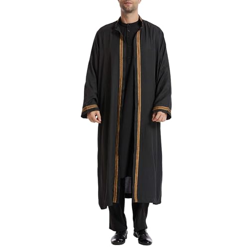 Men Church Clergy Kaftan Robe Arabic Long Sleeve Muslim Thobe Open Front Cardigan Thobe Crew Stand Collar Kaftan Robe Muslim Dress for Women Dubai Long Mens Night Shirt Moroccan Jalaba Men B-Black