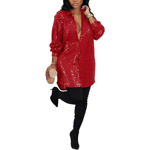 Sequin Long Sleeve Collar Dress for Women Sexy V Neck Button Down Sparkly Long Shirts Top Red XL