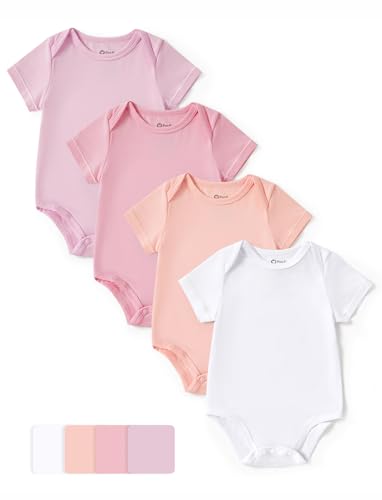 PATPAT Modal Baby Bodysuits Summer Cool - Morandi Short Sleeve for Boys and Girls - Newborn Infant Unisex Clothes - 4 Pack Blush/Rose/Coral/White 6-9 Months Pink/Red