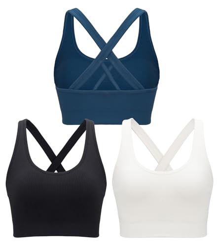 RUNNING GIRL High Impact Sports Bras for Women,Strappy Crisscross Black Sports Bra High Support with Removable Pads(3012_Black+White+Dark Blue_M)