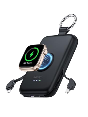 RORRY Portable Charger, 10000mAh PD 20W Fast Charging Portable Charger Power Bank with Built in Cables, Travel Battery Pack for iPhone 16/15/14/13/12/11 and Apple Watch Ultra/10/9/8/7/6/5/4/3, Black