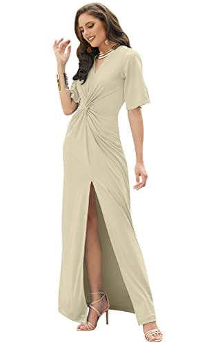 KOH KOH Plus Size Womens Long Sexy V-Neck Short Sleeve Cocktail Evening Bridesmaid Wedding Party Slimming Casual Summer Maxi Dress Dresses Gown Gowns, Nude Champagne Brown XL 14-16