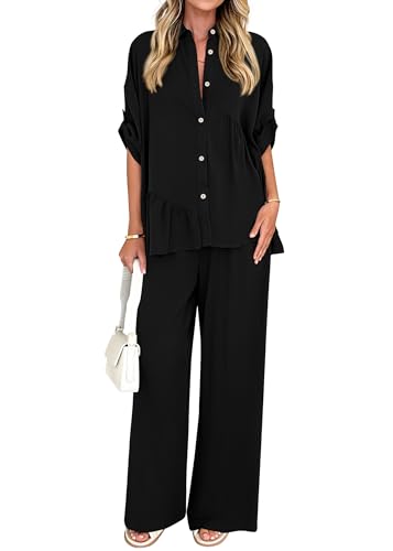 KIRUNDO Two Piece Sets for Women Summer Outfits 2025 Dressy Casual Half Sleeve Button Down Shirt Wide Leg Pants Lounge Set(Black, XX-Large)