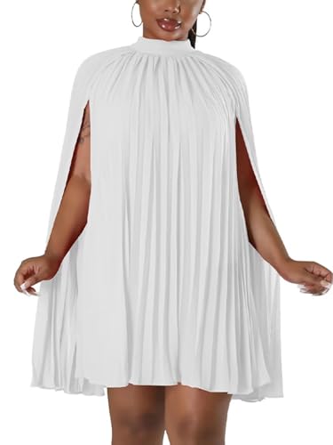 Women’s Stand Collar Cloak Long Sleeve Cape A Line Dress Elegant Pleated Mini Evening Dress White XL