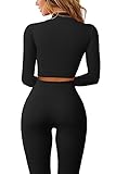 QINSEN Workout Tops for Women Two Piece Outfits Zipper Front Shirt Butt Lifting Yoga Pants Seamless Leggings Sets