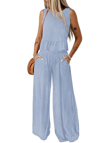 Dokotoo Two Piece Sets for Women Summer Crop Top Womens Fashion Matching Sets Women Clothing Lounge Sets Beach Vacation Clothes Lignt Blue Medium
