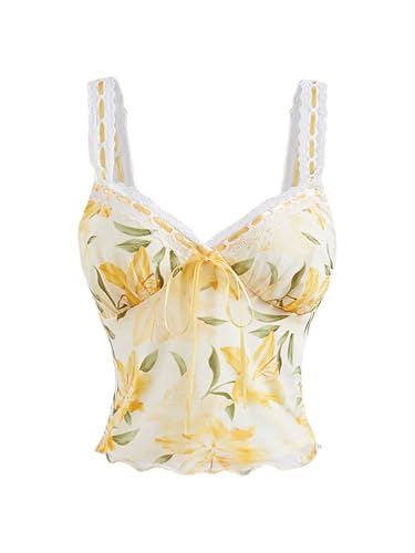 Milumia Women's Floral Print Sweetheart Neck Tank Top Tie Front Summer Camisoles Yellow Small