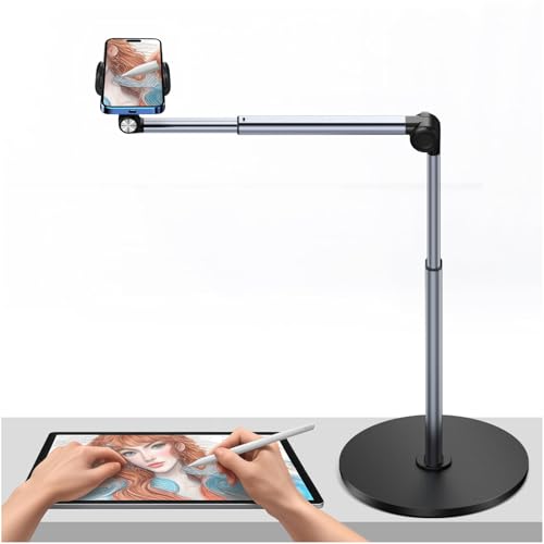 yAyusi Heavy Duty Aluminum Overhead Tripod for iPhone, 12 in Long Phone Mount for Desk, Flexible Articulating Arm Overhead Phone Mount for Live Streaming, Meeting, Cooking, Nail Video Recording