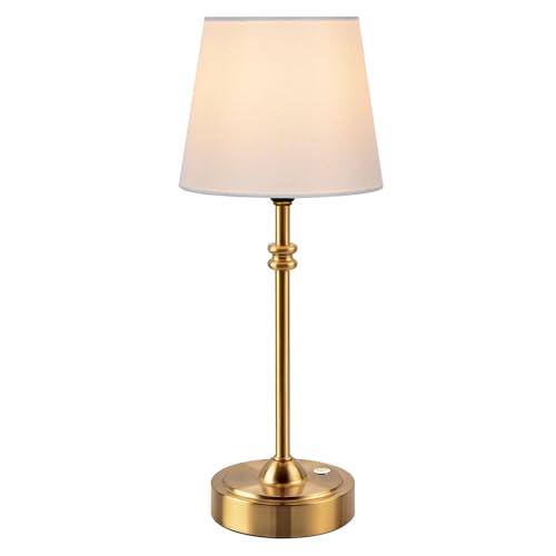 ONEWISH Cordless Lamp-Battery Operated Table lamp, 4000mAh Rechargeable, Stepless Dimmable, Small Touch Bedside Lamp with Fabric Shade, for Dining, Patio, Bathroom(Gold)