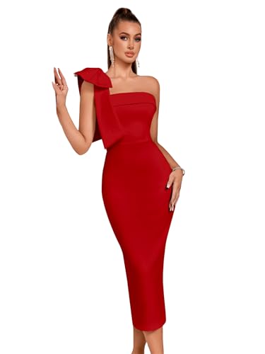 ADYCE Gala Dresses for Women Formal Party Cocktail Bodycon Evening One Shoulder Wedding Guest Dress Bow Midi Prom Night Gowns (US, Alpha, Medium, Regular, Regular, Red)