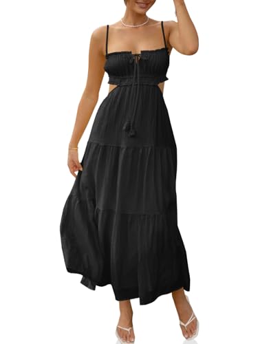 Fisoew Women's Spaghetti Strap Maxi Dress Summer Sleeveless Side Cut Out Dress Casual Boho Backless Flowy Long Dresses Black