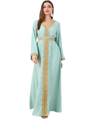 FYMNSI Womens Muslim Dress with Belted Abaya Floral Lace V Neck Long Sleeve Modest Abayas Prayer Clothes Ladies Middle East Kaftan Dubai Loose Maxi Robe Arabian Outfit Islamic Ramadan Dresses Green XL