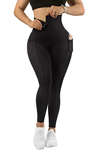 MOOSLOVER Women Corset High Waisted Leggings with Pockets Tummy Control Body Shaper Yoga Pants(M,Black)