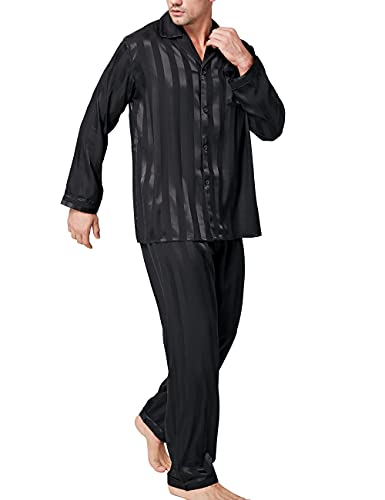 Mens Silk Satin Pajamas Set Sleepwear Loungewear Black 3XL