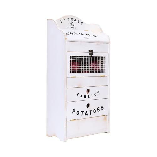 ARTAWEIN Pine Wood Veggie Bin for Potato, Onion and 1 Garlic Drawer Vegetable Box for Kitchen Storage, Solid Wood Vegetable Bin 13.77" L X 7.1" W X 29.3" H (Rustic White)