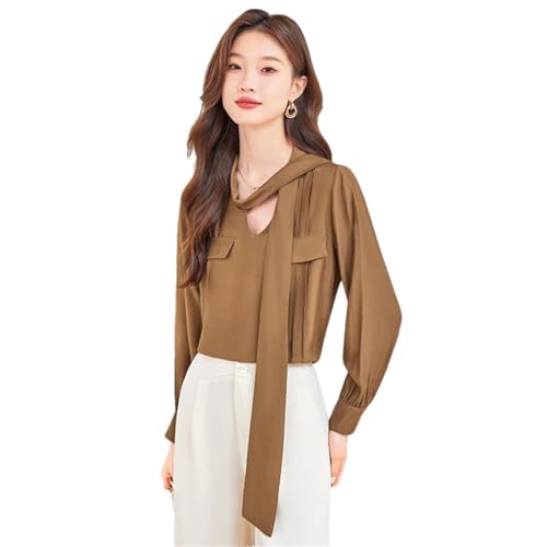 Women Tie Design Elegant Chic Shirts Office Business Casual Blouses Long Sleeve Tops Coffee L