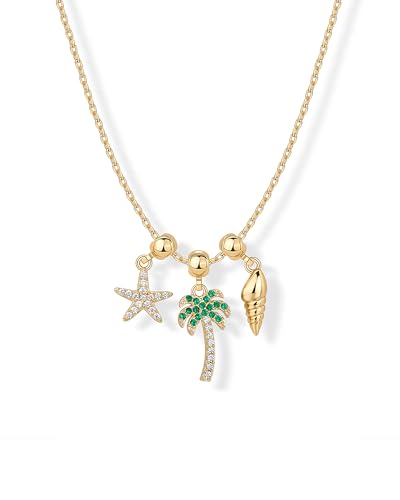 PAVOI 14K Yellow Gold Plated Summer Cubic Zirconia Pendant Necklaces Charms Set, Hypoallergenic Adjustable Chain Dainty Gold Charm Necklace for Women, Trendy Starfish Palm Tree Seashell Beachy Pendant