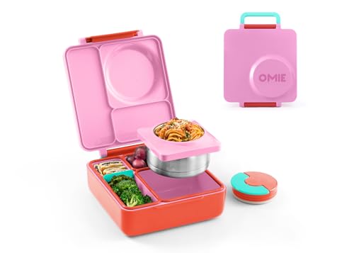 OmieBox Bento Box for Kids - Insulated with Leak Proof Thermo-sealed Food Jar - 3 Compartments, Two Temperature Zones - Pink