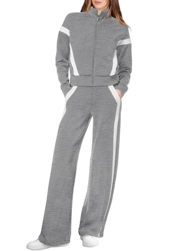 XIEERDUO 2 Piece Sets for Women Full Zip-Up Sweatshirt Sweatpants Two Piece Outfits Work Out Set Gray M