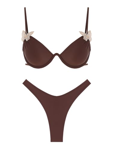 seamoly Tied 5D Butterfly Appliques Decor High Leg Thong Bikini Set,Deep Coffee,L