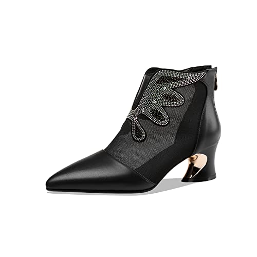 TinaCus Women's Handmade Genuine Leather and Mesh Back Zip Up Glitter Decor Chuncky Heel Summer Boots (black, US8.5)