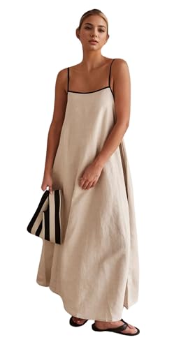 CHARTOU Women Summer Spaghetti Straps Linen Sleeveless Maxi Long Flowy Dress (Large, Beige)