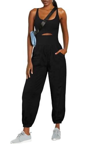 ReachMe Womens Running Onesie Athletic Romper Pants Hiking Outfits One Piece Workout Jumpsuits with Pockets(Black,XS)