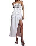 BELLA BARNETT White Sleeveless Tube Diamond Fishbone Slit Bandage Dress Maxi Irregular Hem Elegant Rhinestone Evening Cocktail Homecoming Dress