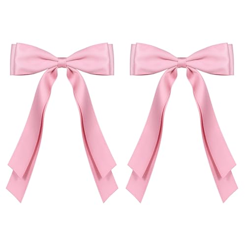 2pcs Korean Pink Long Tail Hair Bow Clip 5.5” Big Satin Ribbon Barrettes Alligator Hairpins for Girls Women Bride Wedding Valentine Birthday Party Spring Summer Outfit Dress Accessory