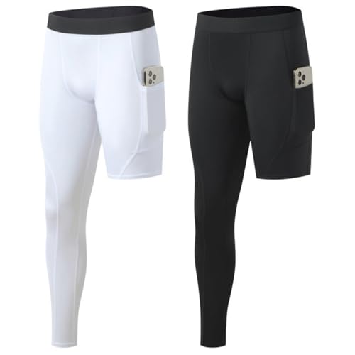 Blaward 2 Pack Men's Compression Pants Single Leg Tight Sports Long Pants with Pockets for Basketball Base Layer Leggings