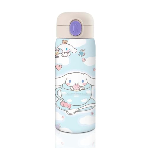 13.5oz Anime Water Bottle with straw Cartoon Reusable Double Walled Vacuum Metal Insulated Mug with Carrying Handle for Girls 400ml (Blue)