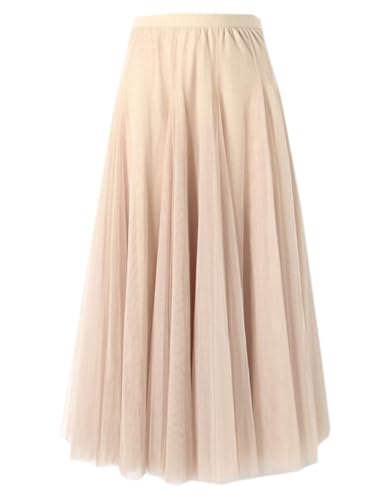 Tulle Skirts for Women, Elastic High Waist A Line Basic Long Tutu Layered Mesh Maxi Swing Skirt, Apricot, Medium