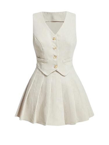 Milumia Women's 2 Piece Button Down Corduroy Vest Blazer Skirt Sets Fall Fashion Outfit Beige Small