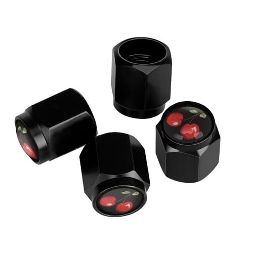 Muishi Red Sweet Cherry Tire Valve Stem Caps, Aluminum Black Stem Tire Valve Caps Universal Stem Covers for Cars, SUVs, Trucks, Bikes, Motorcycles, Bicycles (4 Pack)