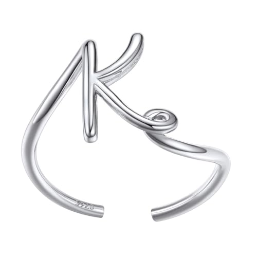 SILVERCUTE Initial K Ring for Women Stacking Finger Jewelry Sterling Silver Cute Twisted Band Letter A-Z End Open Adjustable Ring