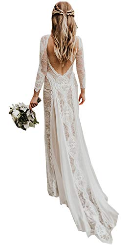 Women's Wedding Dresses Beach for Bride 2023 Vintage Long Sleeves Lace Bohemian Bridal Gown Champagne