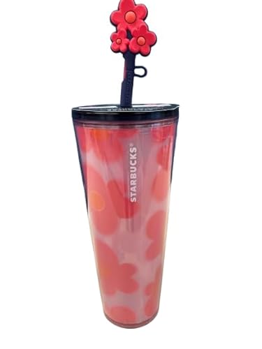 Starbucks 2025 Valentine’s Day Pink Floral Cold Cup with Heart Straw Topper, 24 oz – Limited Edition Reusable Tumbler