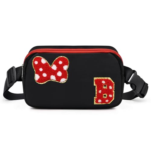 Chenille Initial Letter Bow Mouse Fanny Pack, Waterproof Park Crossbody Bag Christmas Birthday Gifts for Teen Girls Daughter Women Kids Adults, Cute Belt Bag Must Haves for Park Travel (B, Black)